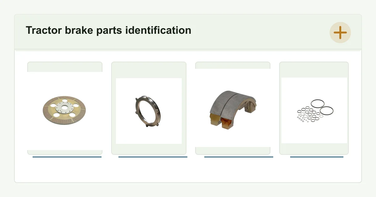 Tractor brake parts identification layout with brake disc, brake piston, brake shoe and brake seal kit