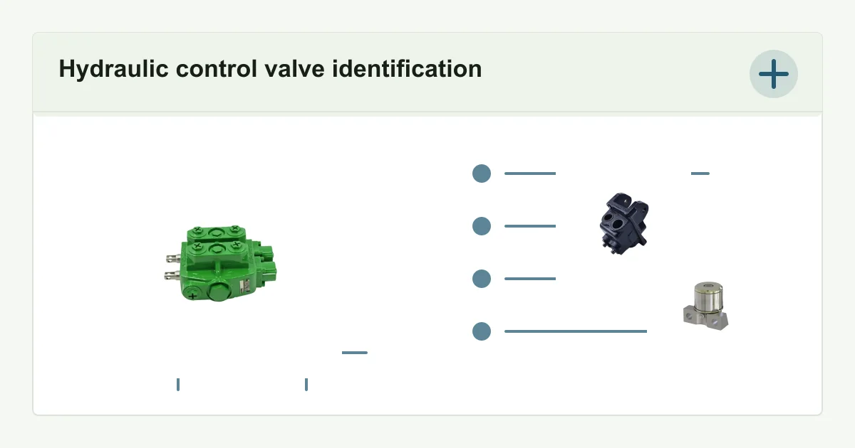 Tractor hydraulic control valve replacement identification layout with ports, mounting points and checklist
