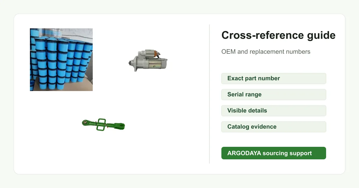 Agricultural replacement parts beside a part-number cross-reference checklist