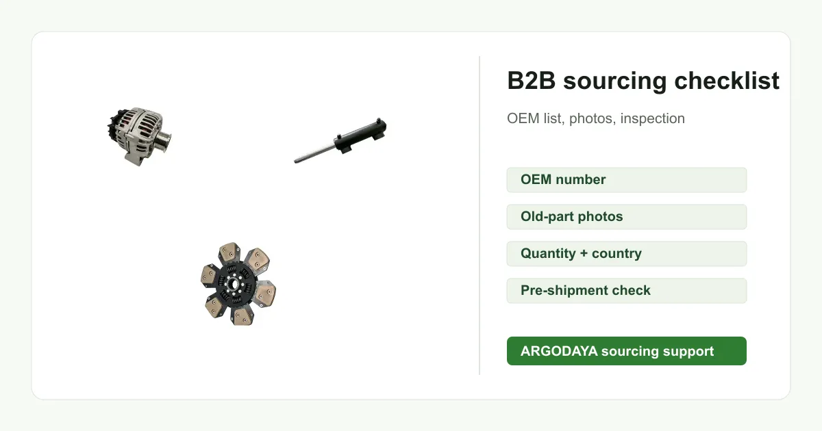 Agricultural replacement parts arranged beside an OEM inquiry checklist for B2B sourcing